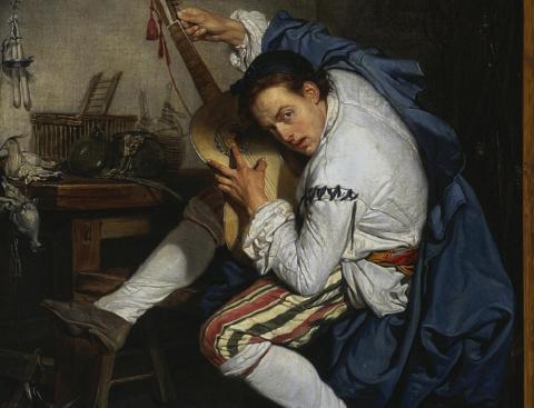 Jean-Baptiste Greuze, l'oiseleur accordant sa guitare