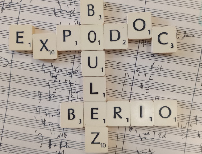 Affiche de l'expodoc au croisement des noms des deux compositeurs
